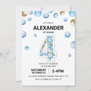 Invitation 4e fête d'anniversaire, Blue and Gold Balloon Boy