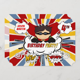 Invitation 4e fête d'anniversaire garçons Superhero Red Comic