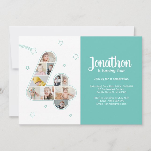 Invitation 4e fête d'anniversaire Numéro 4 Photo personnalisé (Devant)