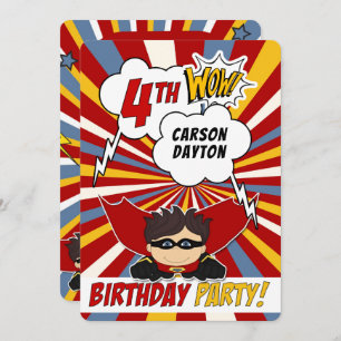 Invitation 4e fête d'anniversaire Superhero Red Comic pour le