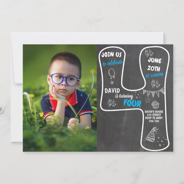 Invitation 4e tableau de bord des garçons avec numéro bleu ph (Devant)