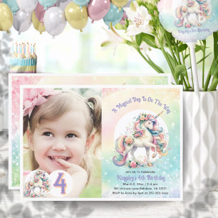 Invitation 4ème Unicorne fête d'anniversaire Pastel Rainbow