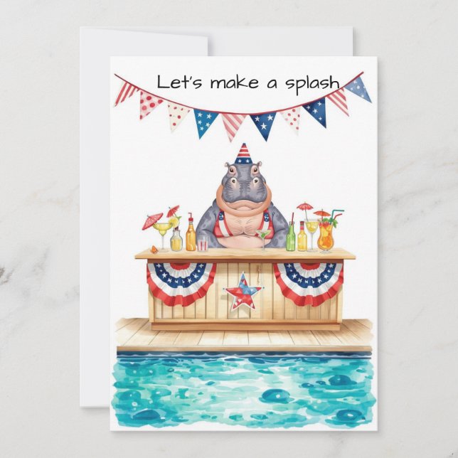Invitation 4th of July Pool Party with Hippo  (Devant)