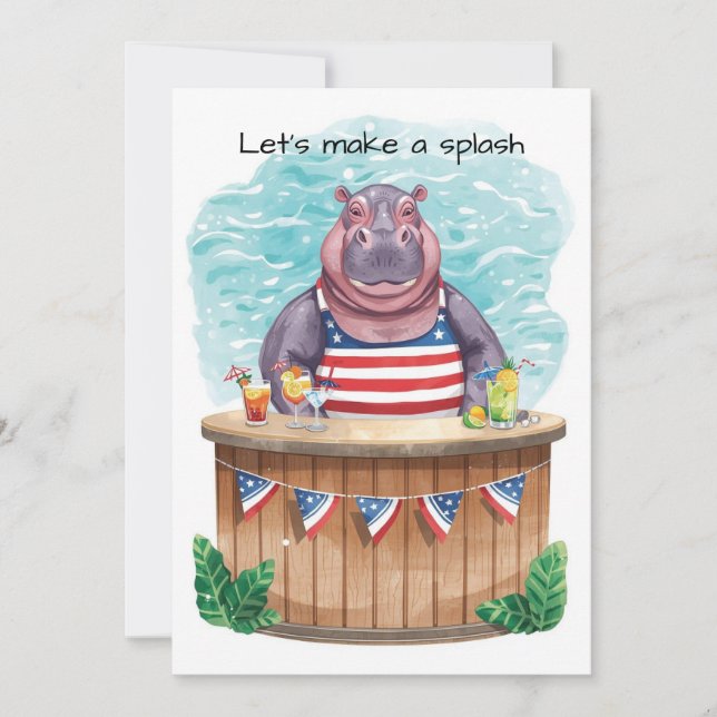 Invitation 4th of July Pool Party with Hippo  (Devant)