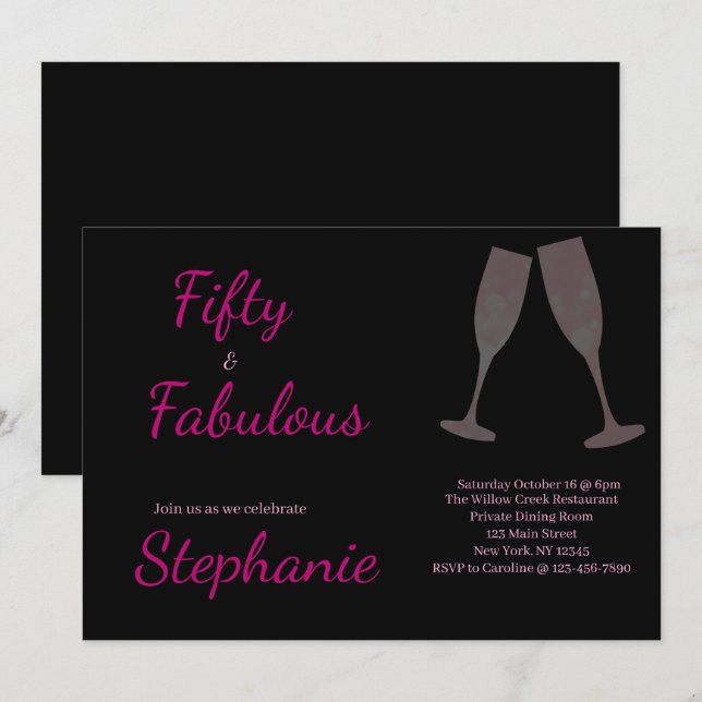 Invitation 50 and Fabulous | 50th Birthday Party Black Pink (Devant / Derrière)