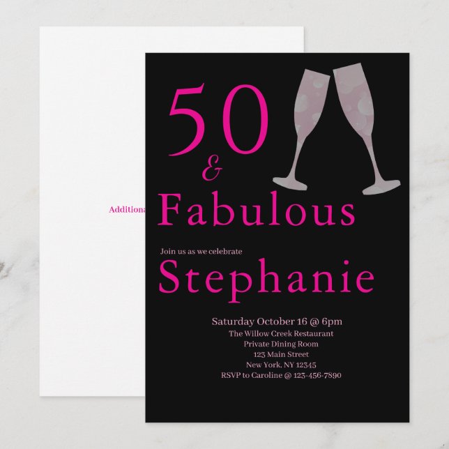 Invitation 50 and Fabulous | 50th Birthday Party Black Pink (Devant / Derrière)