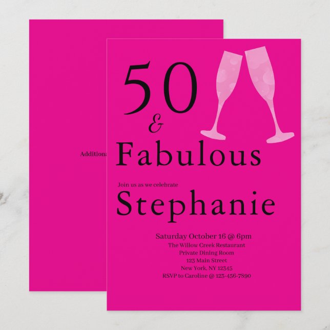 Invitation 50 and Fabulous | 50th Birthday Party Black Pink (Devant / Derrière)