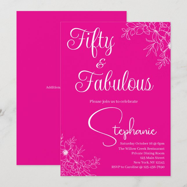 Invitation 50 and Fabulous | 50th Birthday Party Pink White (Devant / Derrière)