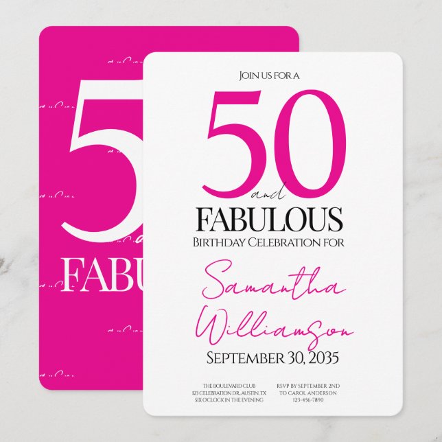 Invitation 50 and Fabulous Pink | 50th Birthday Elegant  (Devant / Derrière)