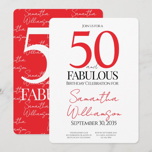 Invitation 50 and Fabulous Red | 50th Birthday Elegant Simple (Devant / Derrière)