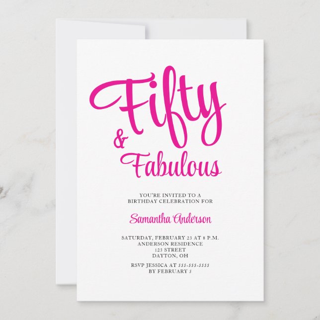 Invitation 50 and Fabulous Script Pink 50th Birthday Party  (Devant)