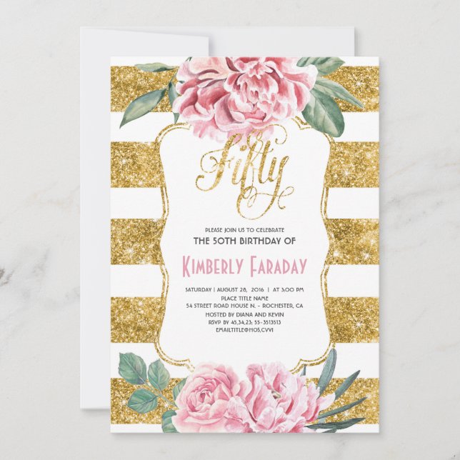 Invitation 50 Anniversaire - Floral Gold - Glam (Devant)