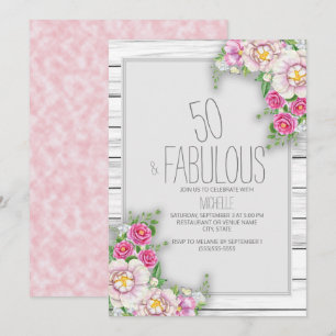Invitation 50 ans Bois Rustique Fleurs Roses