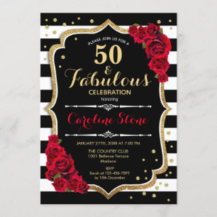Invitation 50 ans de fête d'anniversaire - Roses rayures noir