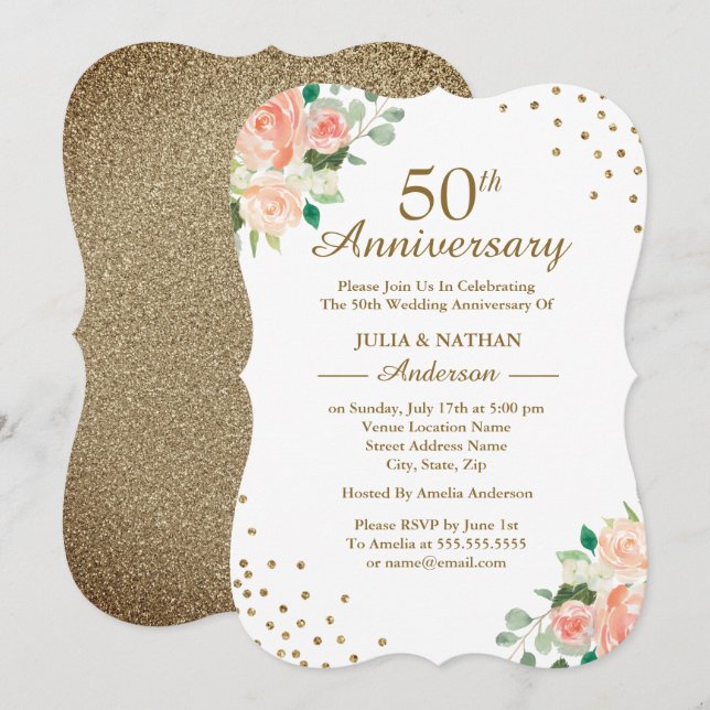 Invitation 50 ans de mariage Peach Floral Confetti (Devant / Derrière)
