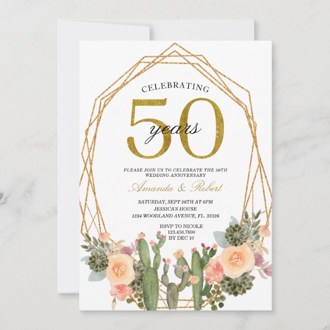 Invitation 50 ans Floral Cactus Golden Mariage Anniversaire (Devant)