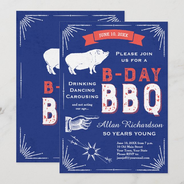 Invitation 50 ans Young Retro Red White and Blue BBBQ Party (Devant / Derrière)