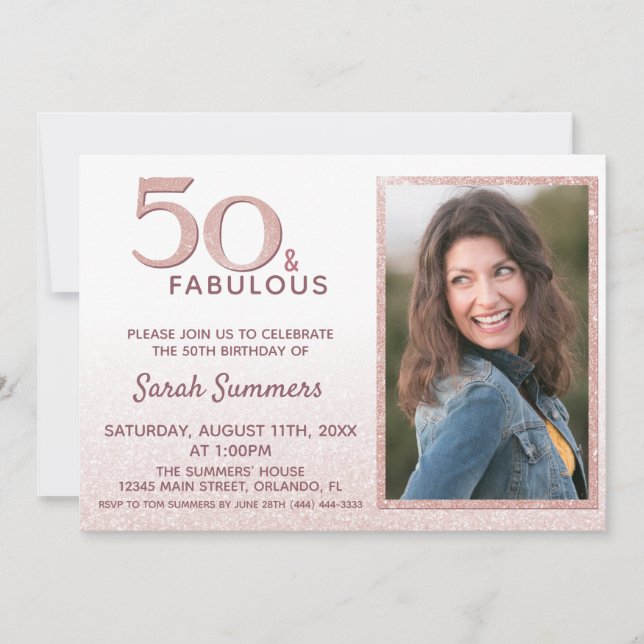 Invitation 50 et fabuleuse Parties scintillant rose Photo 50e (Devant)