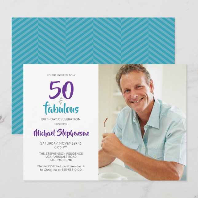 Invitation 50 et fabuleux 50e anniversaire Photo| Turquoise (Devant / Derrière)
