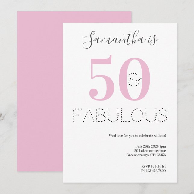 Invitation 50 et fabuleux 50e anniversaire Pink Party (Devant / Derrière)