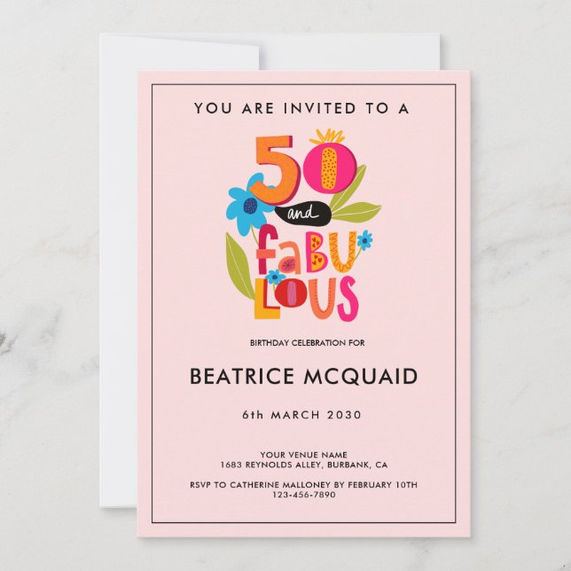 Invitation 50 et fabuleux 50e anniversaire Whimsical Letterin (Devant)