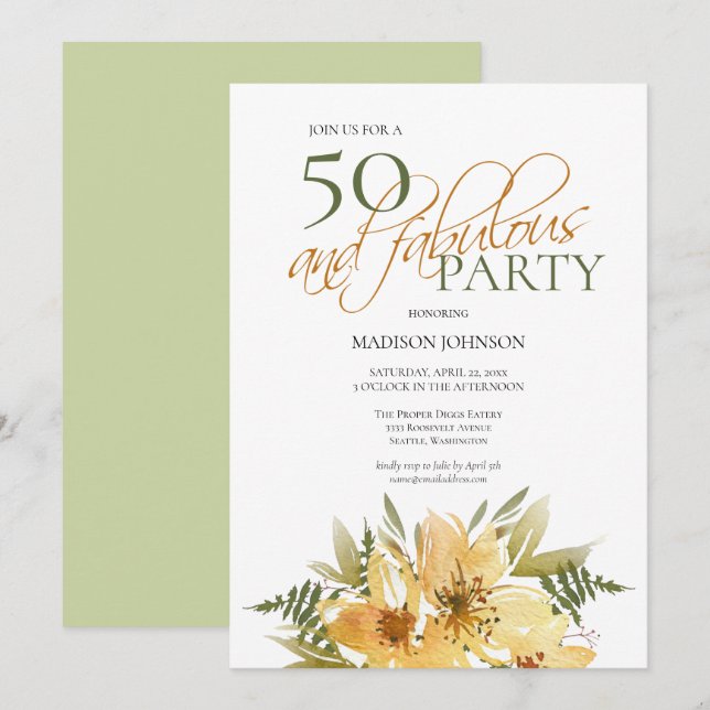 Invitation 50 et Fabuleux anniversaire Jaune et Vert Floral (Devant / Derrière)