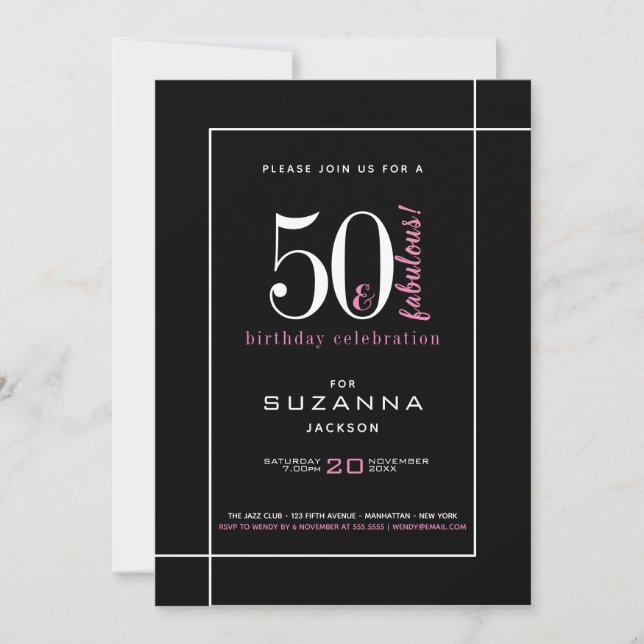 Invitation 50 et fabuleux anniversaire moderne noir et rose (Devant)