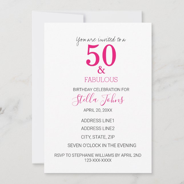 Invitation 50 Et Fabuleux Anniversaire Rose Fuchsia Blanc (Devant)