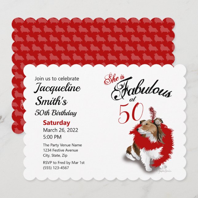 Invitation 50 et fabuleux Anniversaire Sheltie Chien Red Invi (Devant / Derrière)