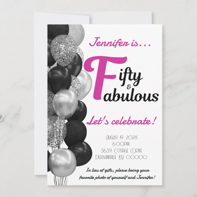 Invitation 50 et fabuleux ballons roses et noirs d'anniversai (Devant)