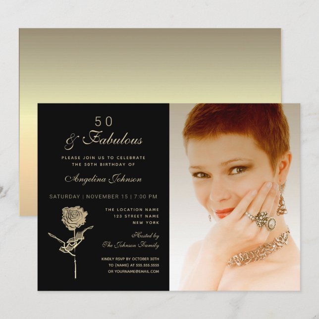 Invitation 50 et fabuleux, Elegant Black Gold Floral Photo (Devant / Derrière)