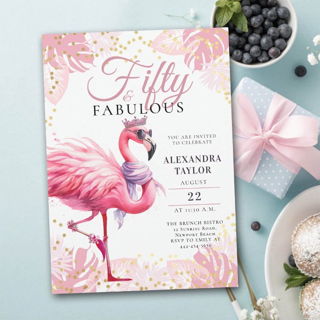 Invitation 50 et fabuleux Flamant rose rose drôle 50e anniver (50 and fabulous birthday invitation funny pink flamingo tiara watercolor)