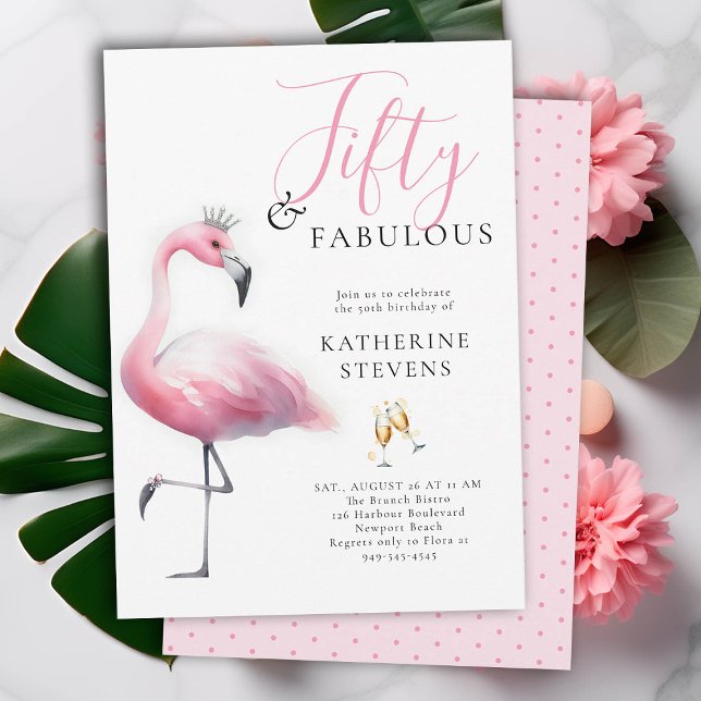 Invitation 50 et fabuleux Flamant rose rose Tiara 50e anniver (50 and fabulous birthday invitation funny pink flamingo tiara watercolor modern classy)