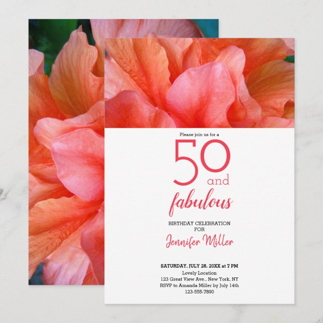 Invitation 50 et fabuleux Fleur Tropical Photo Anniversaire (Devant / Derrière)