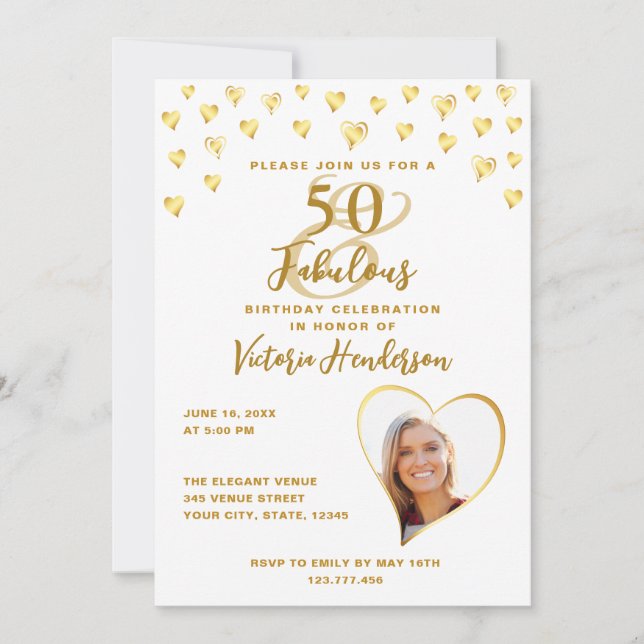 Invitation 50 et fabuleux Glam photo blanc et or Anniversaire (Devant)