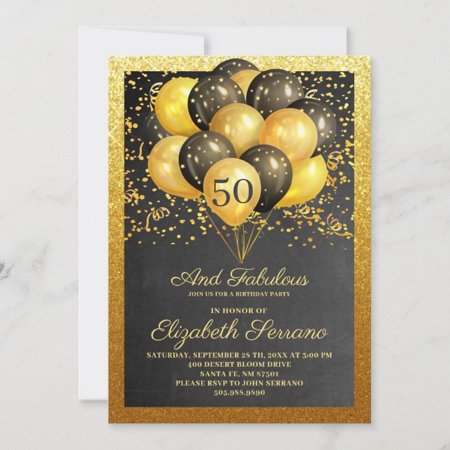 Invitation 50 Et Fabuleux Gold Black Parties scintillant Invi (Devant)