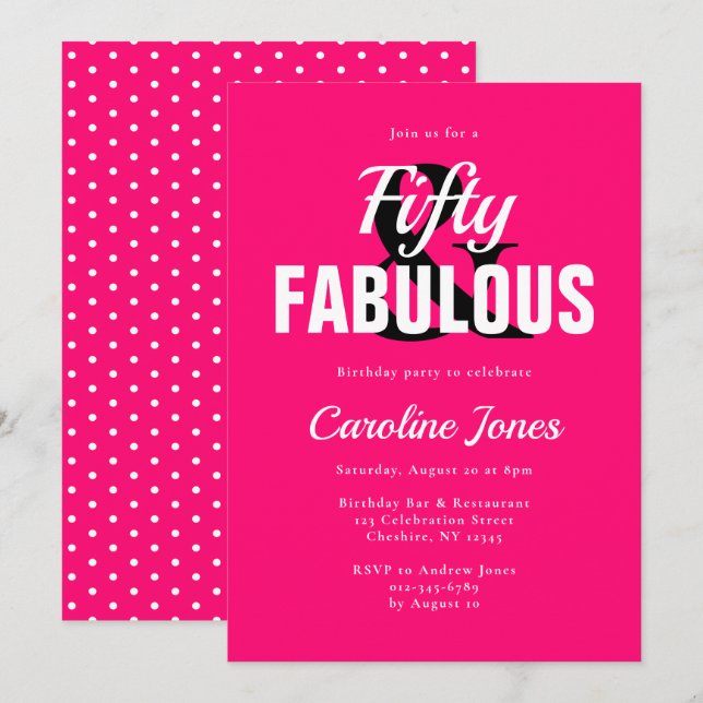 Invitation 50 et fabuleux Hot Pink Cinquantième anniversaire  (Devant / Derrière)
