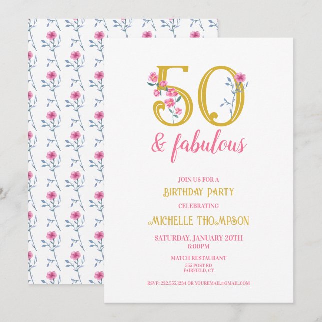 Invitation 50 et fabuleux or et rose floral classique (Devant / Derrière)