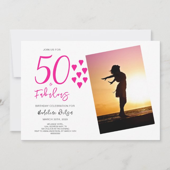 Invitation 50 et fabuleux Photo Coeurs roses 50e anniversaire (Devant)