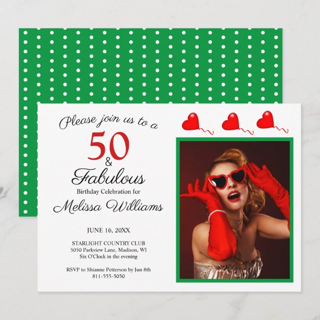 Invitation 50 et fabuleux Photo Rouge 50e anniversaire Vert W (Devant / Derrière)