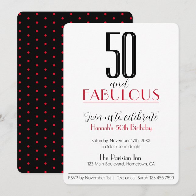 Invitation 50 et Fabuleux Retro Anniversaire Rouge et Black I (Devant / Derrière)