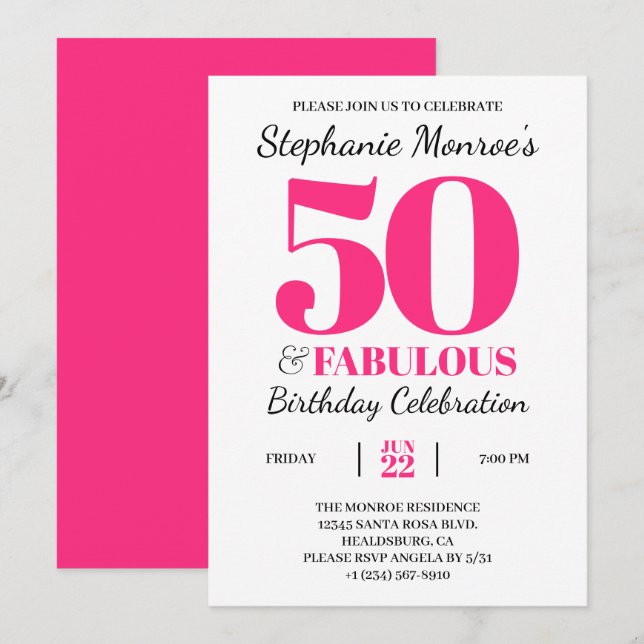 Invitation 50 et fabuleux Retro Typographie rose Anniversaire (Devant / Derrière)