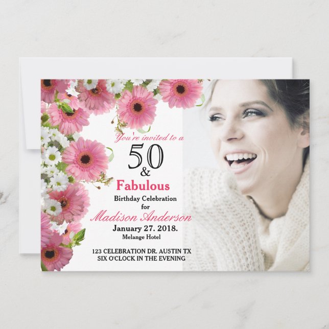 Invitation 50 et Fabuleux rose floral | 50e anniversaire de l (Devant)