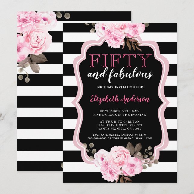 Invitation 50 et fabuleux rose floral noir rayure (Devant / Derrière)