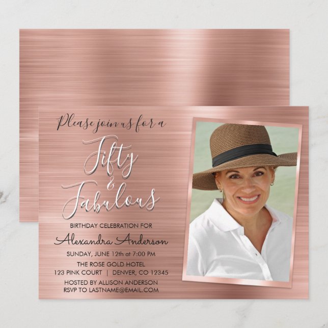 Invitation 50 et fabuleux Rose Gold Blush Pink Photo (Devant / Derrière)