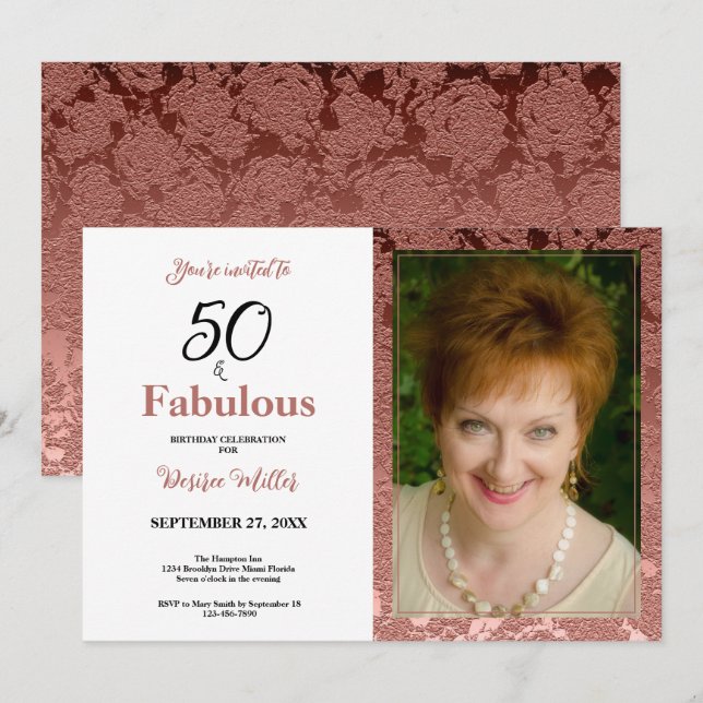 Invitation 50 Et Fabuleux Rose Gold Floral Anniversaire (Devant / Derrière)