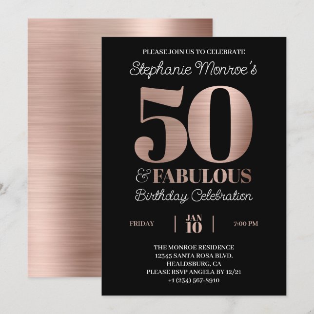 Invitation 50 et fabuleux Rose Typographie d'or Anniversaire (Devant / Derrière)
