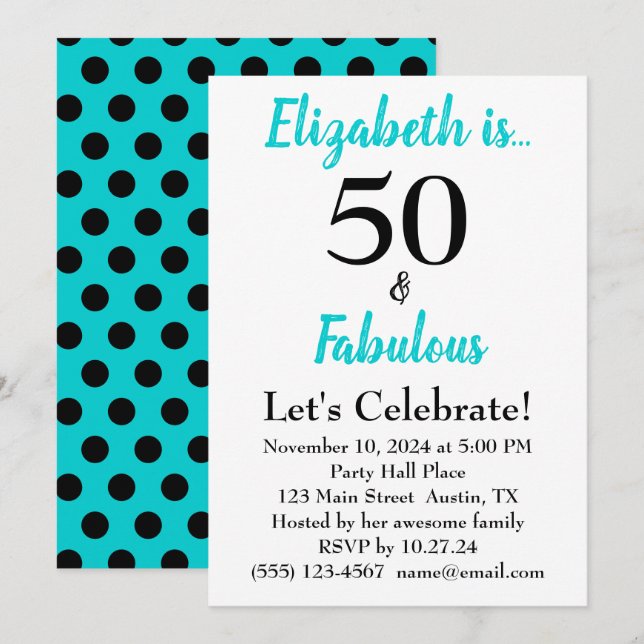Invitation 50 et Fabuleux Turquoise Blue Anniversaire (Devant / Derrière)
