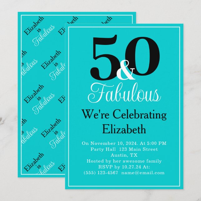 Invitation 50 et Fabulous Black Turquoise Bleu Bordure Blanch (Devant / Derrière)