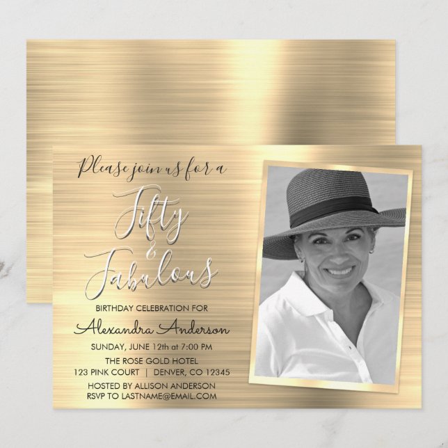 Invitation 50 et Fabulous Elegant Gold Photo (Devant / Derrière)
